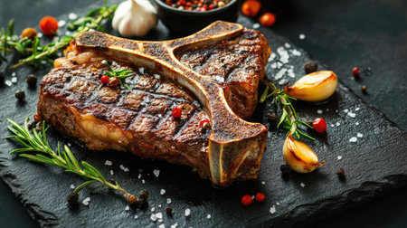 A beautifully presented grilled steak garnished with herbs, spices, and garlic on a dark slate board, perfect for culinary delights and gourmet meals.の素材