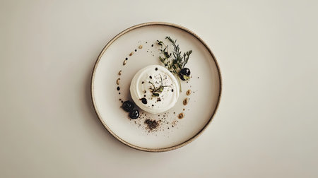 A beautifully arranged dessert featuring creamy texture, fresh herbs, and delicate berries, showcasing minimalist elegance and culinary artistry. Perfect for gourmet menus.の素材