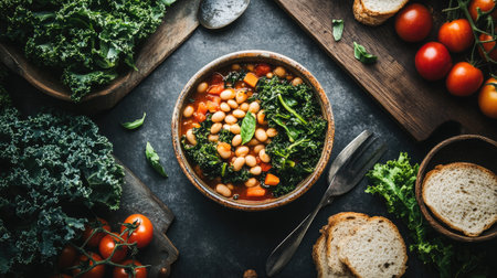 A vibrant arrangement featuring a nourishing vegetable soup in a rustic bowl, surrounded by fresh ingredients and bread, perfect for healthy meal photography.の素材