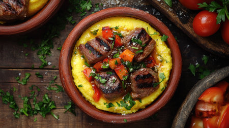 Indulge in a savory dish of grilled meat served over creamy polenta, garnished with fresh tomatoes and vibrant herbs. Perfect for a rustic meal.の素材
