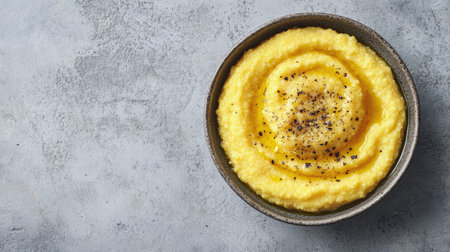 A vibrant bowl of creamy polenta garnished with black pepper, perfect for a comforting dinner or gourmet meal, showcasing rustic culinary art.の素材