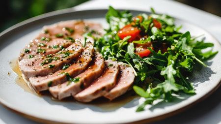 A beautifully arranged plate featuring succulent sliced meat paired with fresh arugula and vibrant tomatoes, perfect for a healthy meal.の素材