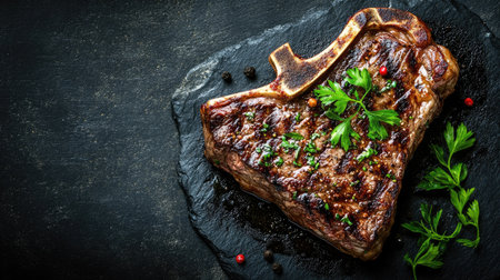 A beautifully grilled steak garnished with fresh herbs on a dark slate board, perfect for gourmet meals and appetizing culinary presentations.の素材