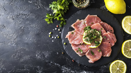 A vibrant arrangement of fresh meat slices garnished with herbs and lemon on a slate surface, ideal for cooking enthusiasts and culinary presentations.の素材
