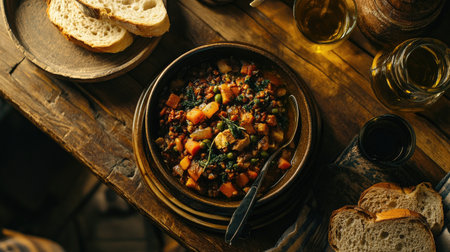 A warm bowl of vegetable stew set on a rustic wooden table, featuring fresh ingredients and a comforting presentation perfect for autumn dining.の素材