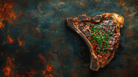 A delicious juicy steak garnished with fresh herbs, beautifully presented on a rustic table. Perfect for showcasing culinary excellence and flavor.の素材
