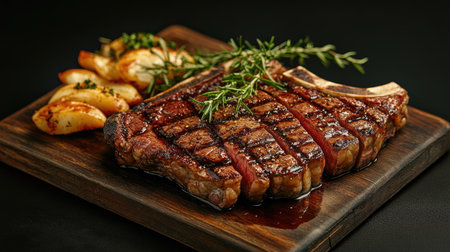 A beautifully presented grilled steak garnished with fresh herbs and served alongside roasted potatoes. Perfect for gourmet dining and culinary inspiration.の素材