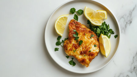 A beautifully plated crispy fish served with lemon slices and fresh herbs. Perfect for a delicious meal, showcasing vibrant colors and culinary delight.の素材
