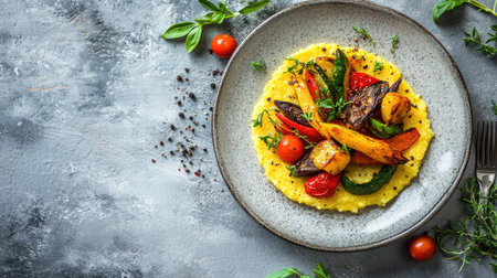 A vibrant and appetizing dish featuring a bed of creamy polenta topped with an assortment of grilled vegetables, garnished with fresh herbs.の素材