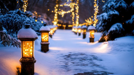 A serene winter pathway adorned with glowing lanterns and festive lights, creating a magical atmosphere in a snowy landscape, perfect for holiday themes.の素材