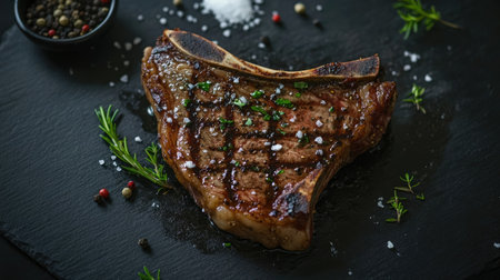 A beautifully grilled steak garnished with herbs and spices, presented on a slate board. Perfect for gourmet dining or culinary inspiration.の素材