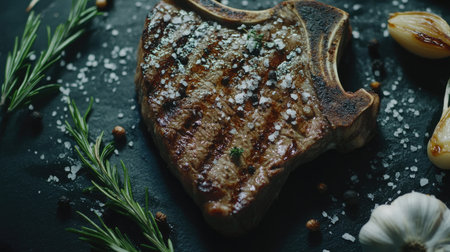 A beautifully grilled steak garnished with fresh herbs and sprinkled with salt, showcasing rich textures and vibrant flavors. Perfect for culinary themes.の素材