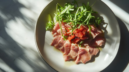A delightful plate featuring thinly sliced meat topped with fresh tomato and arugula. Perfect for a healthy meal or gourmet dining experience.の素材