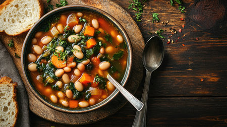 A close-up view of a rustic bowl filled with hearty vegetable soup, featuring vibrant greens and beans, surrounded by fresh bread on a wooden table.の素材