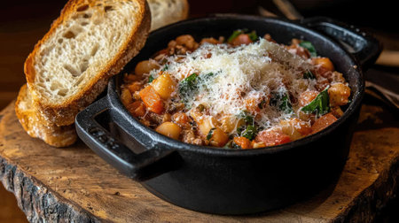 A rustic pot filled with a hearty vegetable dish, topped with cheese, and accompanied by fresh bread. Perfect for a comforting meal any time.の素材