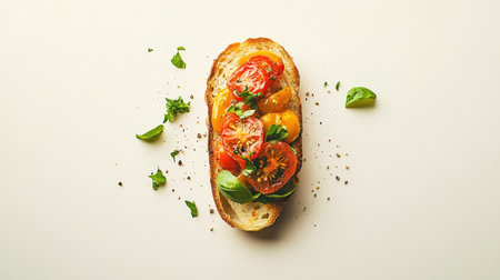 A vibrant slice of rustic bread topped with fresh tomatoes and basil. This delightful snack captures the essence of healthy eating with colorful ingredients.の素材