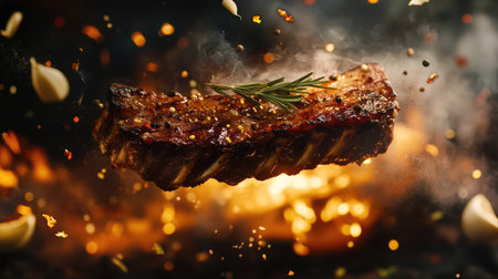 A tantalizing piece of grilled meat garnished with herbs, surrounded by smoke and spices. Perfect for showcasing delicious barbecue cuisine.の素材