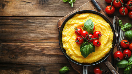 A rustic dish of creamy polenta topped with vibrant cherry tomatoes and fresh basil leaves, perfect for a healthy, delicious meal or snack.の素材