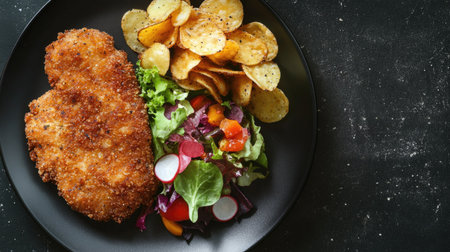 A delicious crispy chicken served with fresh salad and golden potato chips on a black plate, perfect for a hearty meal or a delightful lunch option.の素材