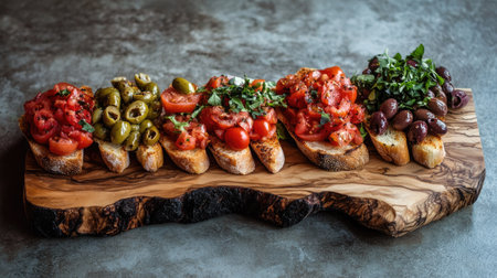 A tempting display of fresh bruschetta topped with vibrant tomatoes, olives, and herbs, perfectly arranged on a rustic wooden board for a delightful appetizer.の素材