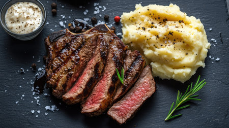 A beautifully plated dish featuring sliced steak accompanied by creamy mashed potatoes, garnished with herbs and spices, perfect for a gourmet meal.の素材