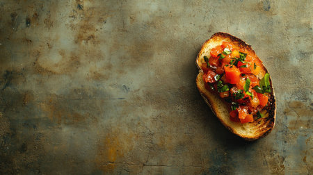 A beautifully toasted slice of bread topped with a fresh mixture of tomatoes and herbs, perfect as a delightful appetizer or snack for any gathering.の素材