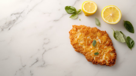 A beautifully plated crispy battered fish garnished with fresh lemon and basil, perfect for showcasing delicious culinary delights in a stylish kitchen setting.の素材
