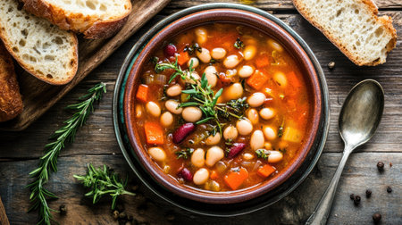 A warm bowl of hearty bean soup garnished with fresh herbs, served alongside slices of rustic bread, perfect for a healthy and comforting meal.の素材