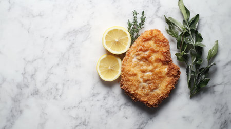 A beautifully plated crispy fried chicken served with fresh lemon slices and herbs, offering a perfect blend of flavors and textures ideal for any meal.の素材