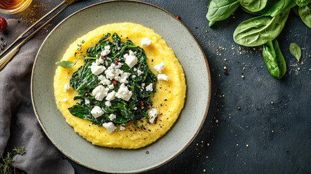 A vibrant plate featuring creamy polenta topped with sautの素材