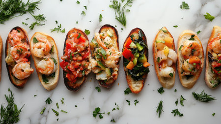A vibrant display of shrimp bruschetta topped with fresh herbs and colorful vegetables on a marble table. Perfect for appetizers or elegant dining occasions.の素材