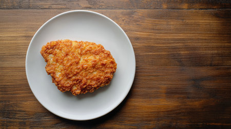 A perfectly crispy fried chicken piece served on a white plate, showcasing golden brown texture. Ideal for food photography and culinary delights.の素材