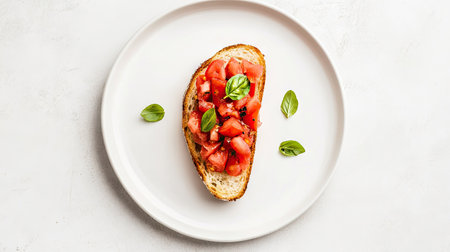 A delicious slice of bruschetta topped with fresh tomatoes and basil, perfect for appetizers or light meals. Ideal for summer dining and gatherings.の素材