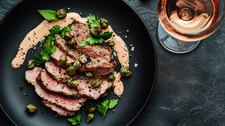 A beautifully arranged plate of sliced meat topped with capers and herbs, served with a creamy sauce and accompanied by a glass of rose wine. Perfect for gourmet dining.の素材