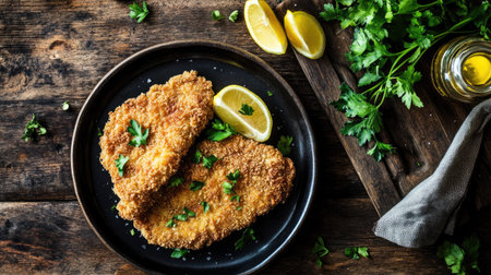 Enjoy a mouthwatering plate of crispy fried chicken garnished with fresh herbs and lemon slices, perfect for a delightful meal or snack.の素材
