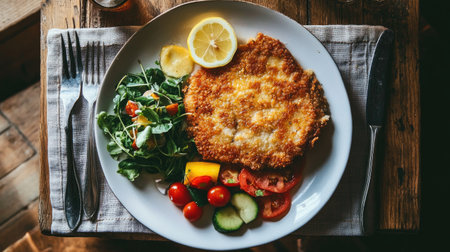 A beautifully plated crispy fried dish accompanied by a fresh vegetable salad, lemon slices, and a variety of colorful veggies, perfect for a delicious meal.の素材