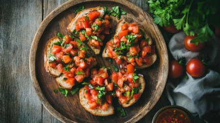A delicious arrangement of fresh tomato bruschetta on toasted bread, garnished with parsley, perfect for any appetizer or snack occasion.の素材