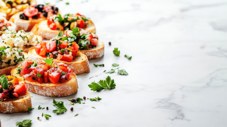 A vibrant display of fresh bruschetta topped with colorful ingredients, including tomatoes and herbs, perfect for any gathering or event.の素材