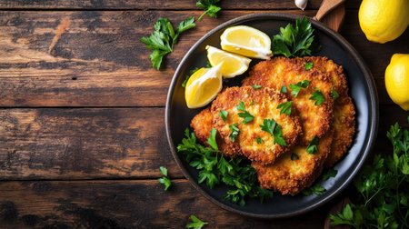 Enjoy a plate of crispy fried chicken garnished with fresh herbs and lemon slices, perfect for any meal. A tasty and visually appealing dish.の素材