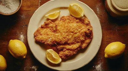 A beautifully arranged plate of crispy fried chicken garnished with fresh lemon slices. Perfect for food lovers and culinary enthusiasts seeking a comforting meal.の素材