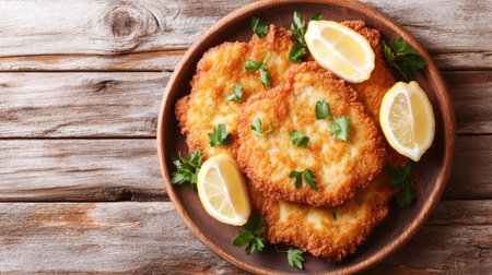 A plate of crispy fried fish garnished with lemon slices and fresh herbs, perfect for a delicious meal. Ideal for food photography and culinary use.の素材