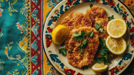 Enjoy a mouthwatering dish of crispy breaded fish served with fresh lemon slices and garnished with herbs, perfect for mealtime delight.の素材