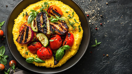 A vibrant plate featuring grilled vegetables atop creamy polenta, garnished with fresh herbs. Perfect for a healthy meal option or culinary inspiration.の素材