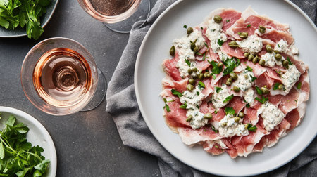 A beautifully arranged plate of prosciutto and creamy toppings, garnished with fresh herbs, perfect for a gourmet dining experience and social gatherings.の素材