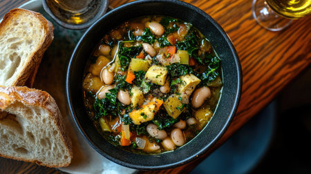 A vibrant bowl of hearty vegetable soup featuring beans, kale, and fresh ingredients served with rustic bread, perfect for a comforting meal.の素材