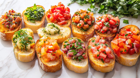 A vibrant display of assorted bruschetta on a white marble surface. Each toast features fresh toppings, making it perfect for gatherings and celebrations.の素材