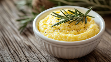 A close-up of creamy polenta garnished with fresh rosemary, served in a white bowl on a rustic wooden table, perfect for a comforting meal or side dish.の素材