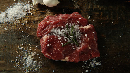 High-quality image of raw meat garnished with herbs and sea salt on a rustic wooden surface, perfect for food styling and culinary presentations.の素材
