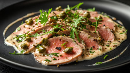 A visually appealing dish featuring sliced meat drizzled with a rich creamy sauce, garnished with fresh herbs and capers for an exquisite dining experience.の素材
