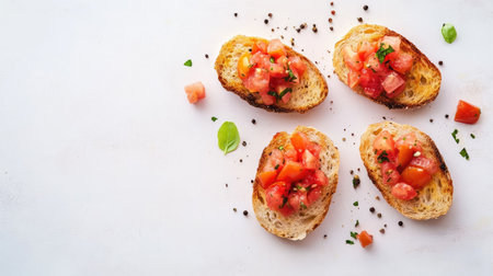 Colorful bruschetta featuring fresh tomatoes and herbs on toasted bread slices, perfect for appetizers or casual gatherings. Simple yet flavorful dish.の素材